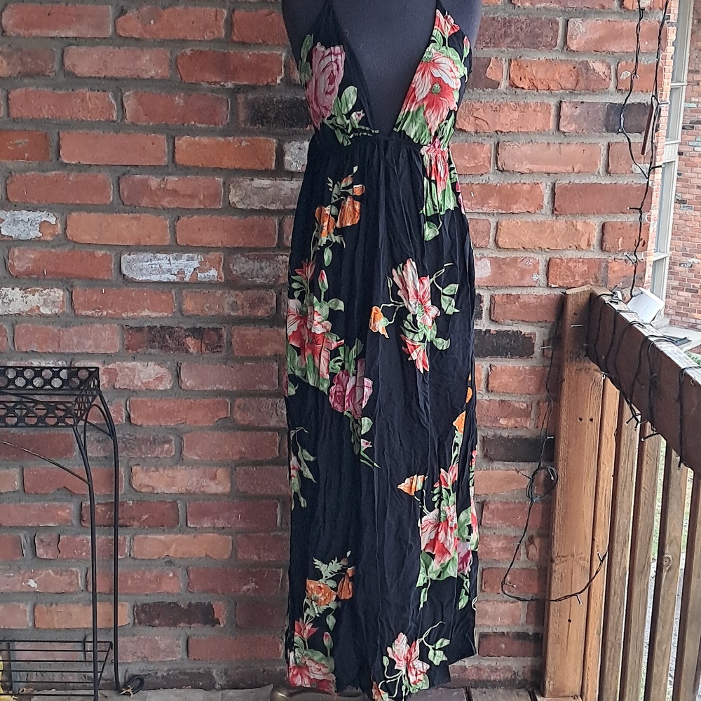 Floral Halter Maxi Dress - Black and Multicolor